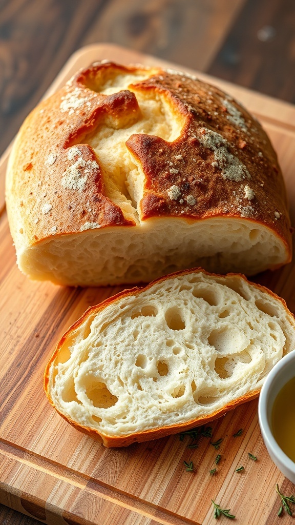 A golden brown loaf of bread sliced on a cutting board, with a bowl of olive oil and herbs.